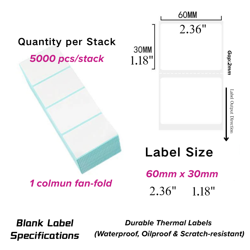 Folded Thermal Label Stack – Small Size 60mm60_30_5000_1col