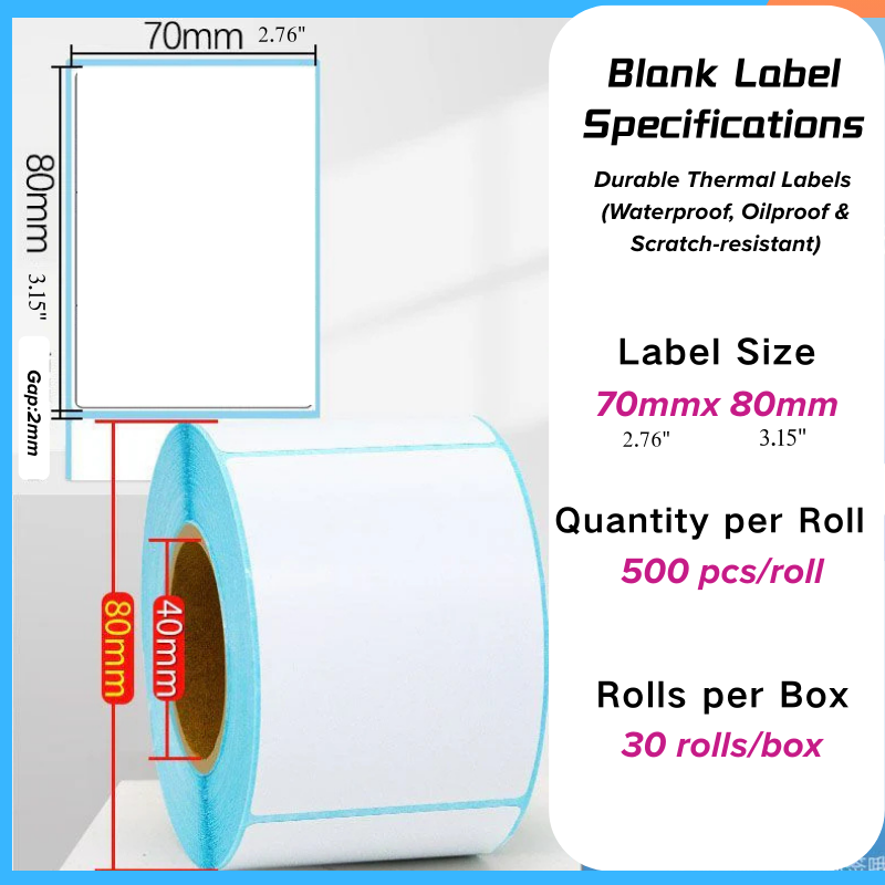 Thermal label paper 70mm x 80mm roll