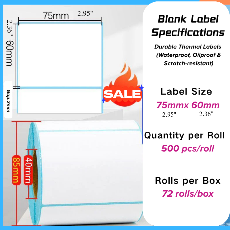 Thermal label paper 75mm x 60mm roll