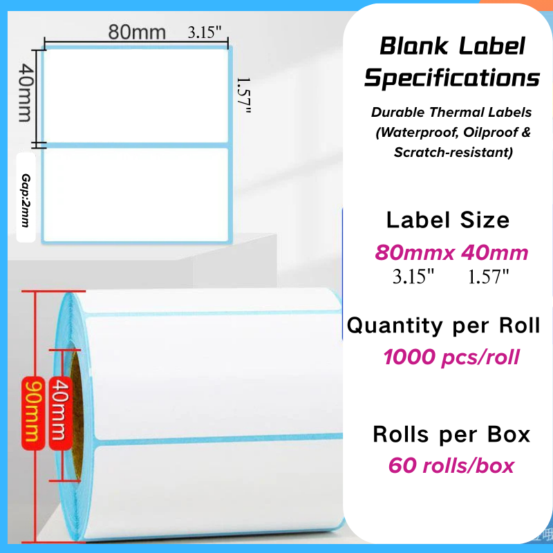 Thermal label paper 80mm x 40mm roll
