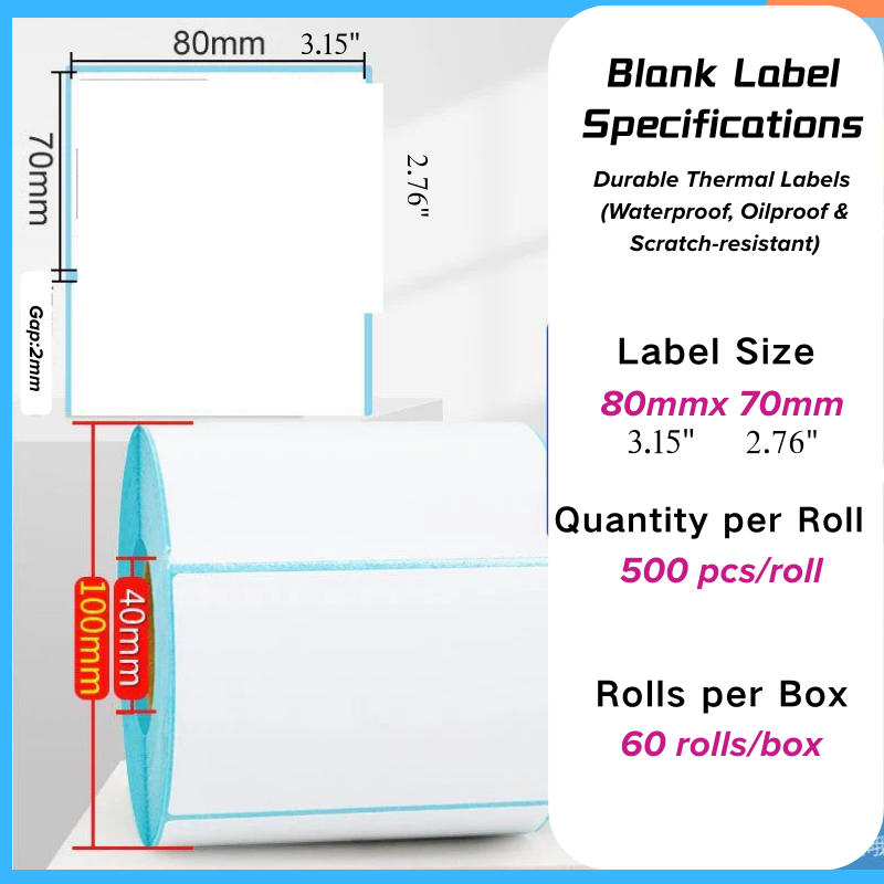 Thermal label paper 80mm x 70mm roll