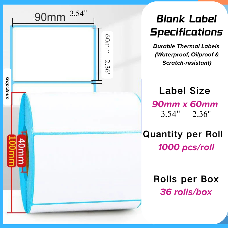Thermal label paper 90mm x 60mm roll
